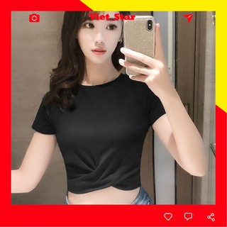 Áo croptop body ôm xoắn eo tay ngắn trơn, 2 màu đen/trắng VST