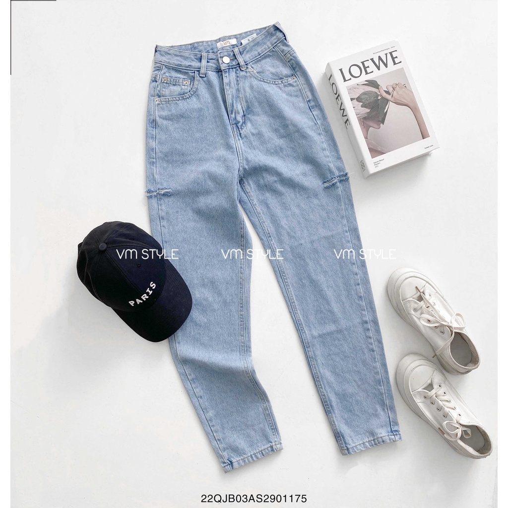 Quần jean baggy nữ VM STYLE lưng cao đi học (không co giãn) ulzzang rách bên lua tua N112 thời trang 22QJB03AS2901