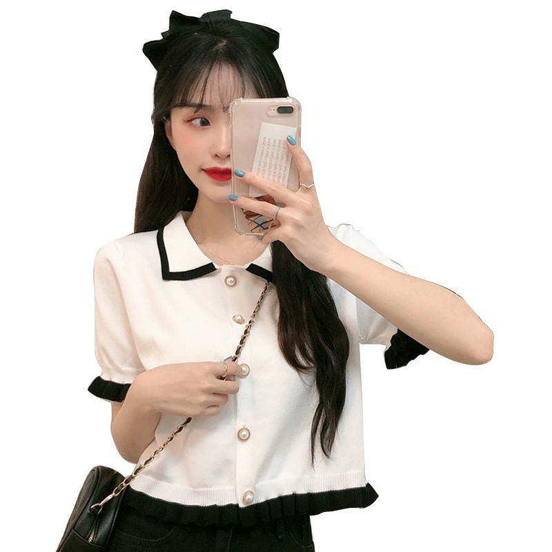 Áo Thun Dệt Kim Ngắn Tay Cổ Búp Bê Thời Trang Cá Tính