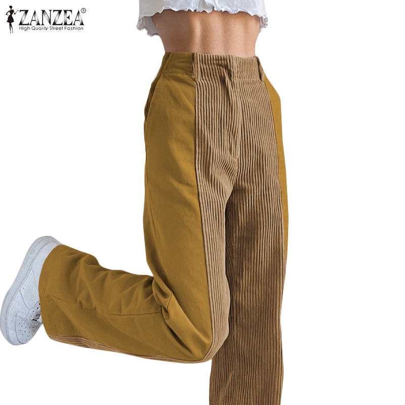 Quần ống rộng ZANZEA vải dệt kim kiểu dáng cắt phối màu trơn thời trang đường phố dành cho nữ