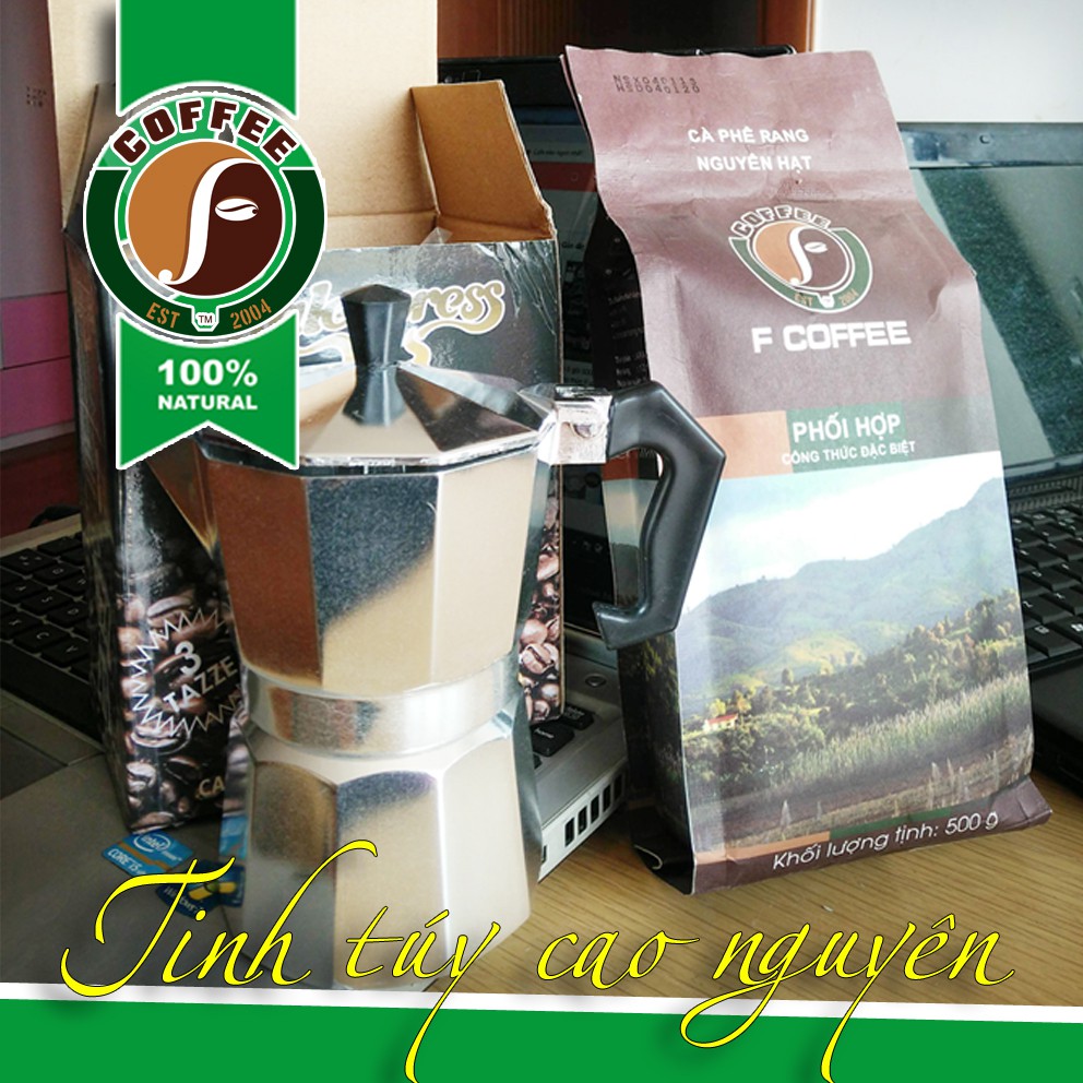 combo ấm moka và cà phê F coffee