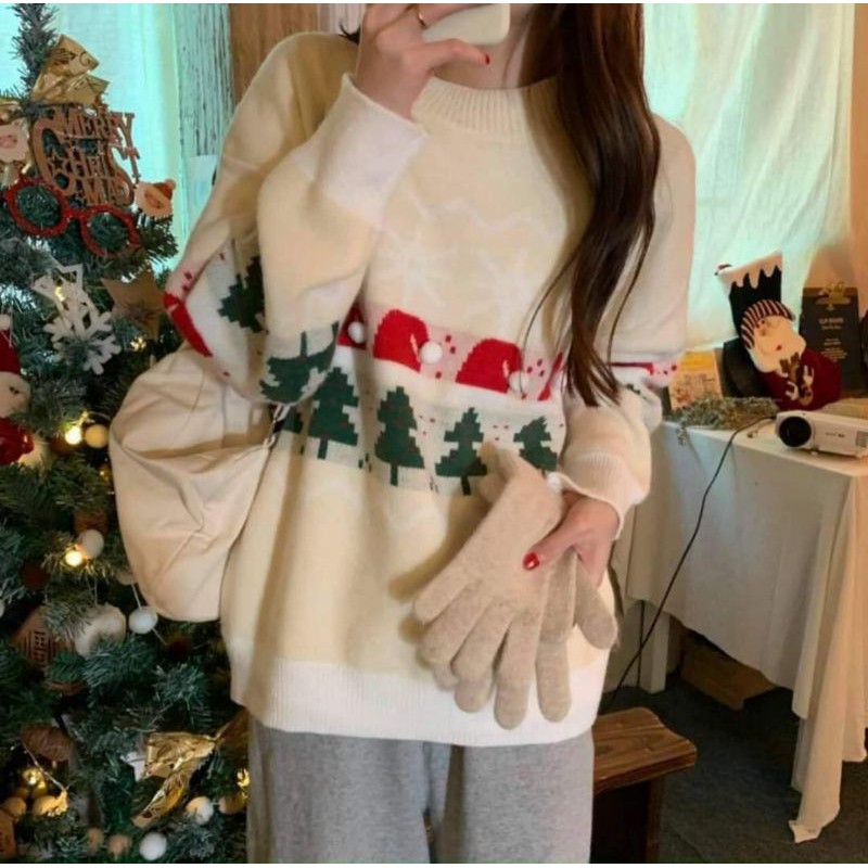 Áo len họa tiết noel phối nền trắng hàng Quảng Châu cao cấp.