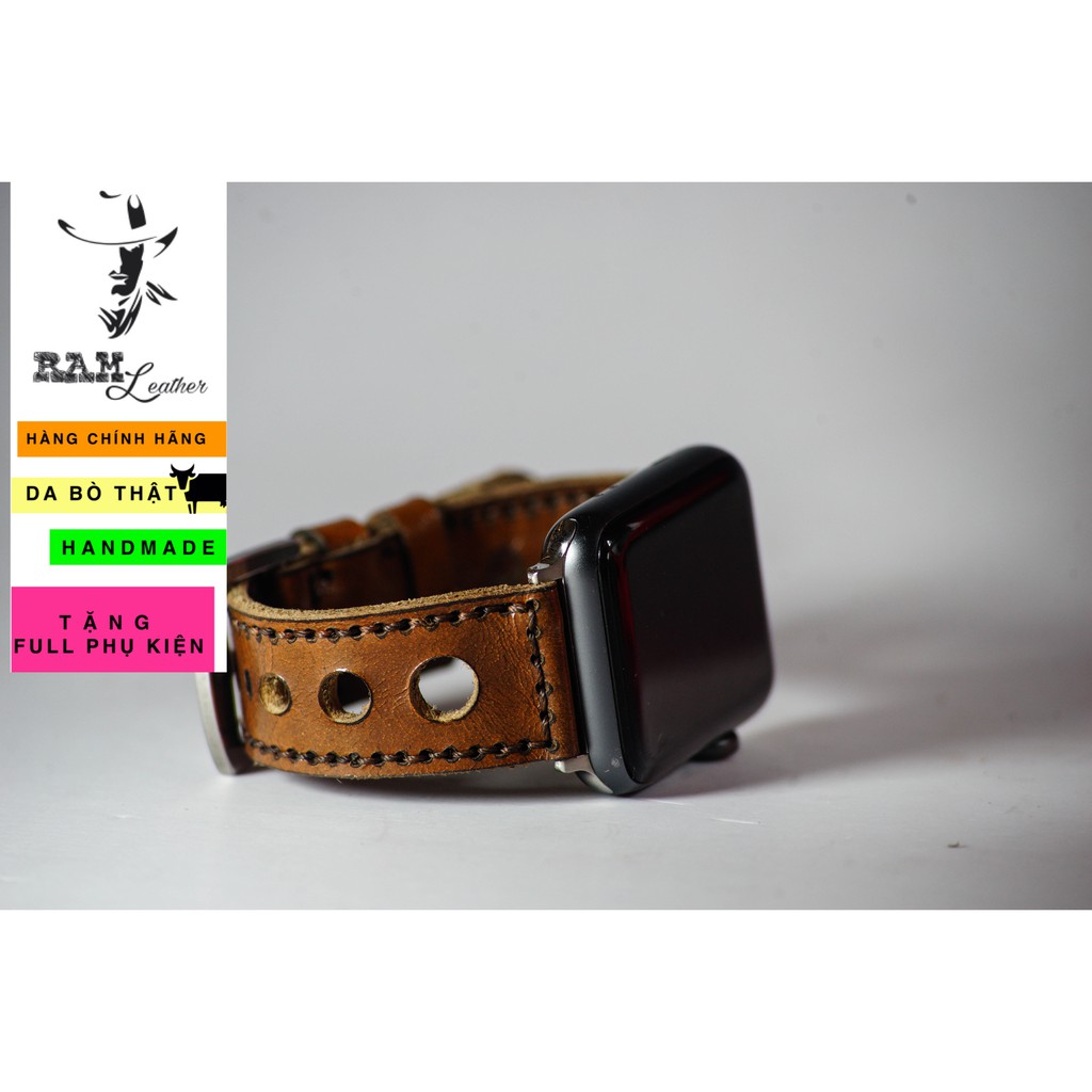 Dây đồng hồ da bò cao cấp nâu đỏ kiểu thoáng khí RAM Leather d3 cực đẹp - tặng khóa chốt và cây thay dây