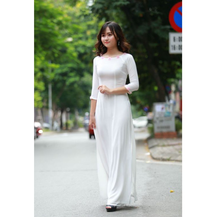 Freeship 99k TQ_Aó Dài chiffon Cổ Tròn May theo số đo Màu Trắng