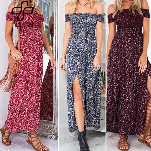 Đầm maxi trễ vai xẻ tà họa tiết hoa nhí