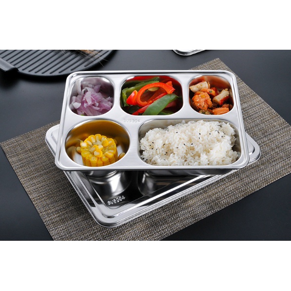 Khay cơm phần 5 ngăn inox 304 loại dày sâu đựng thức ăn