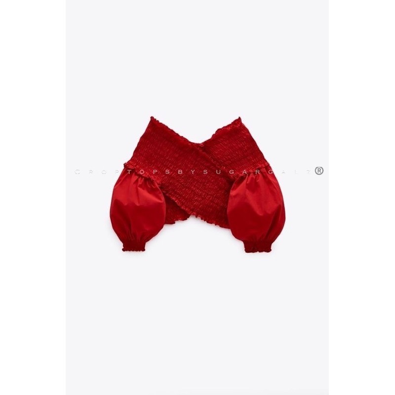 [BST SUGARGALZ] Áo croptop đỏ dài tay trễ vai vạt chéo đón giáng sinh năm mới
