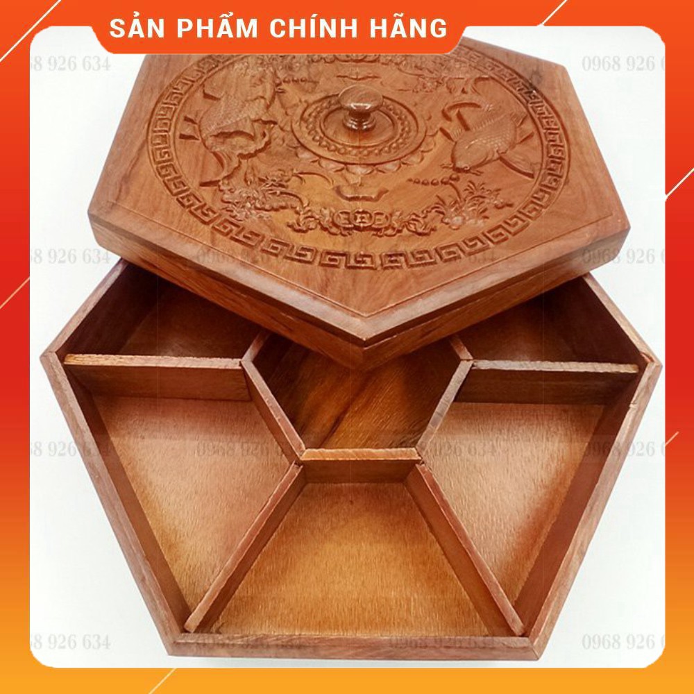 Khay đựng bánh kẹo ngày Tết💥FREESHIP💥Hộp đựng bánh kẹo Tết bằng gỗ hương cao cấp, trạm khắc song ngư, hình lục giác