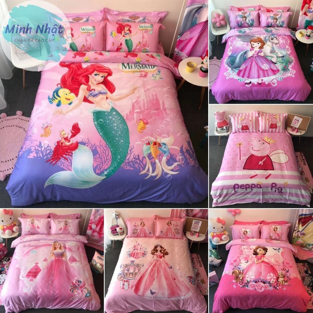 Bộ chăn ga công chúa Disney Elsa Frozen, Sofia, Hello Kitty, người cá Ariel, Peppa Pig, 100% cotton cao cấp