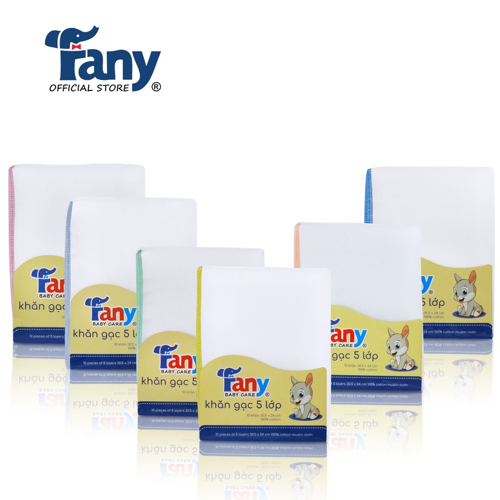 Khăn gạc 5 lớp Fany® 30.5x24 cm 100% cotton 10 khăn/ bịch bền bỉ mềm mại thấm hút tốt 6 màu sắc