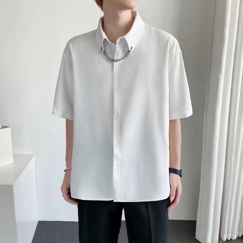 Áo Sơ Mi Tay Ngắn Dáng Rộng Màu Trắng Đen Phong Cách Nhật Bản Cao Cấp Cho Nam Size M-3XL