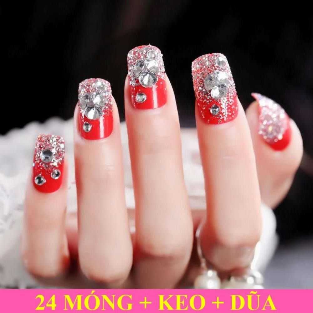 Bộ 24 Móng tay giả Đỏ Đính Đá Hạt (kèm dũa+keo dán sẵn)