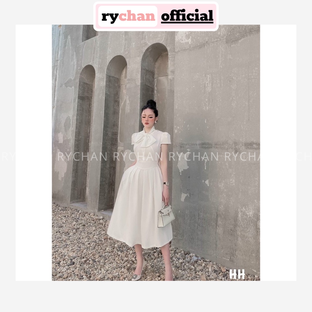 Đầm Xòe Midi Tay Hến Chiết Eo Cổ Đính Nơ [Ảnh Thật Cuối] - DX0070