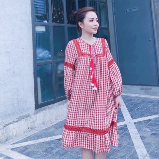 Đầm caro viền ren đỏ (KÈM HÌNH THẬT)