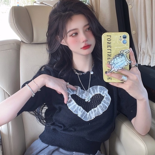 Áo dệt kim ZHELIHANGFEI tay ngắn dáng rộng thêu hình trái tim thiết kế khoét rỗng dành cho nữ