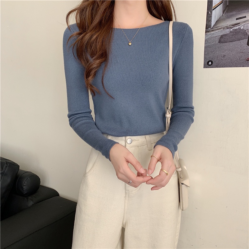 Áo dệt kim ZHELIHANGFEI 1 mảnh dài tay cổ chữ V dáng ôm dễ phối đồ