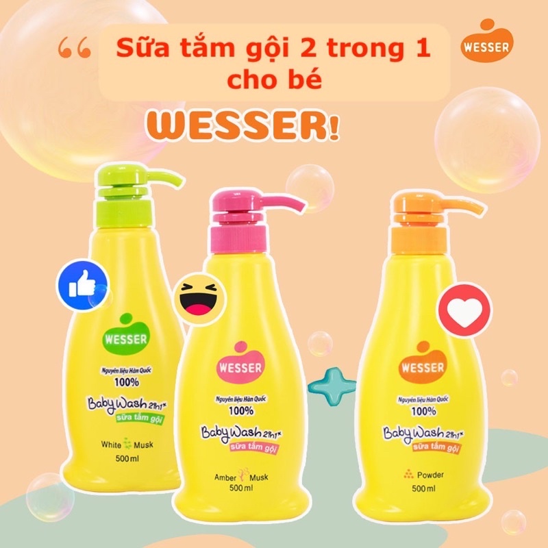 Sữa Tắm Gội Wesser 2 in 1 500ml (Cam/Xanh Lá/Hồng)