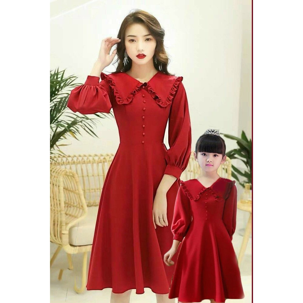 Váy cặp mẹ và bé gái ❤️FREESHIP❤️ Đồ đôi gia đình mẹ và bé áo váy xòe đính cúc xinh xắn