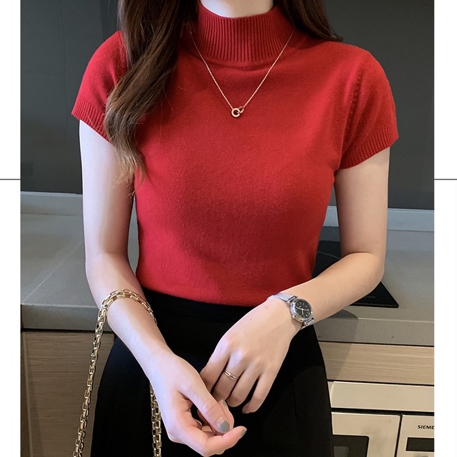 Áo Len Tay Ngắn Cổ Cao Thời Trang Phong Cách Hàn Quốc Cho Nữ
