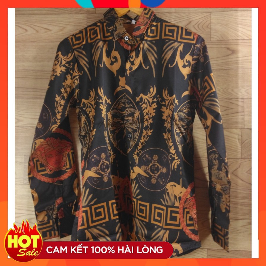 Áo sơ mi nam Hàn Quốc tay dài màu đen hoa văn màu đỏ cam 012