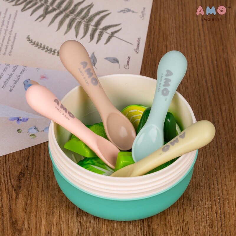Set 2 Thìa Silicone AMO Kèm Hộp Cao Cấp Cho Bé