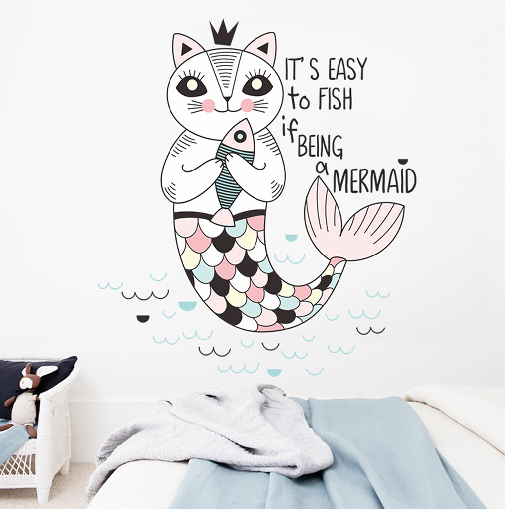 【Green】Cartoon Kitten Mermaid Wall Sticker Kids Room Self-adhesive Background Decals