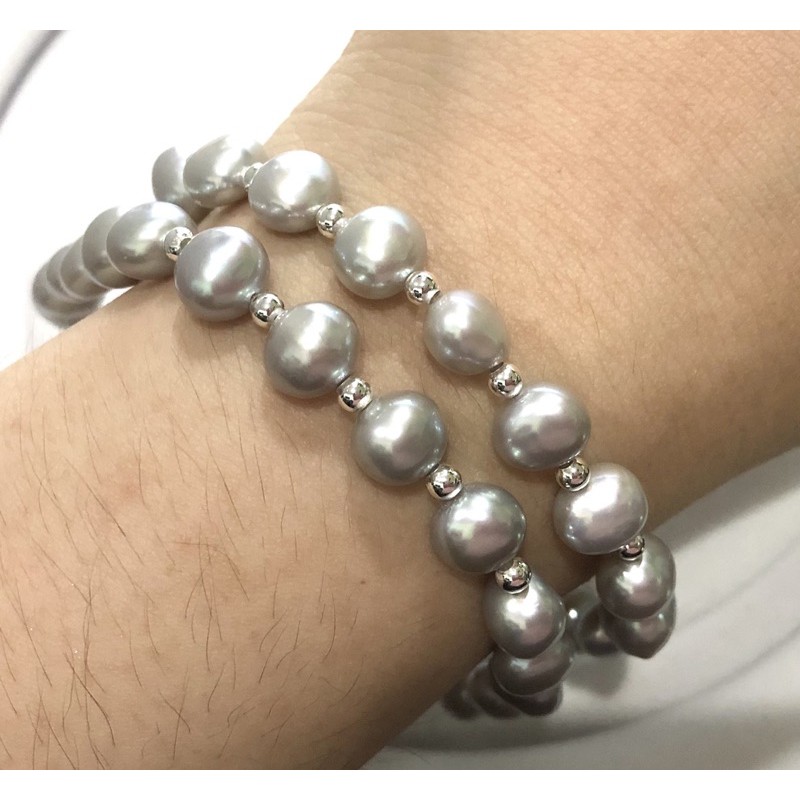 Vòng tay ngọc trai nhân tạo hạt dẹt tự nhiên mix bi bạc 925