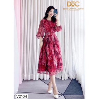 Váy hoa hồng voan tơ hàn xòe chân xếp li, tay lỡ