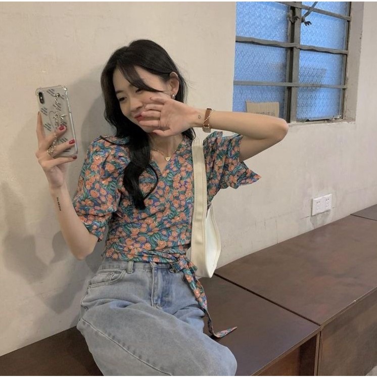 Áo Kiểu Tay Phồng Ngắn Cổ Chữ V Dáng Ôm Thời Trang retro Hàn Quốc Cho Nữ