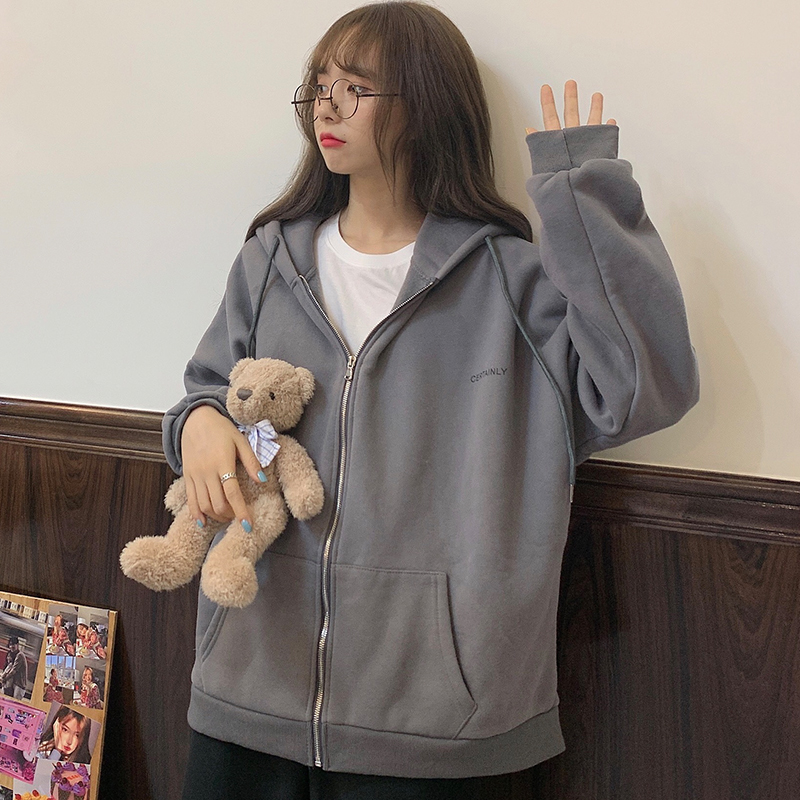 Áo Hoodie Dài Tay 176146Áo Khoác Có Mũ Dáng Rộng Màu Sắc Đơn Giản Cho Nữ