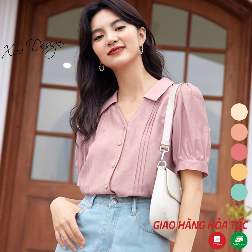 Áo sơ mi nữ Basic cộc tay cổ V thiết kế dập ly thời trang hàn quốc chất vải Lụa đẹp - Xuu Design SP46