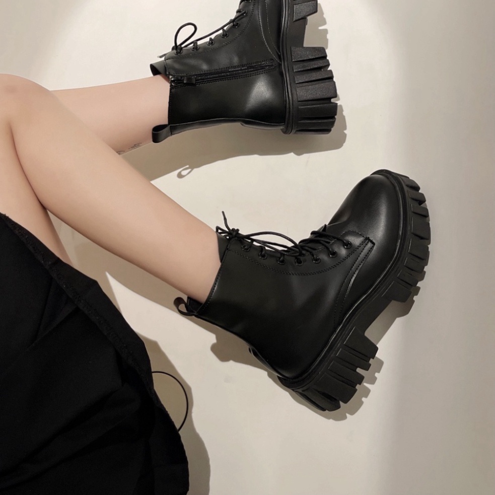 Giày bốt da cổ cao đế dày mũi tròn, Giầy boot Martin cao gót ulzzang Hàn Quốc thời trang dành cho nữ, khóa kéo Box