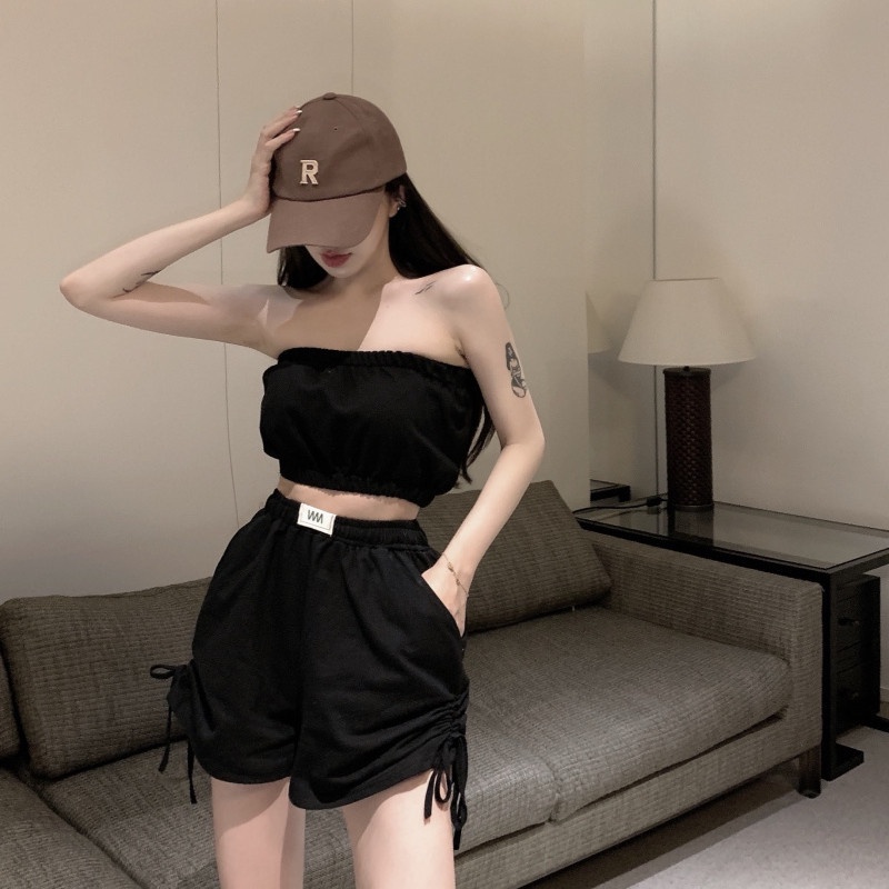 Set áo ống + quần short lưng cao màu sắc đơn giản cho nữ