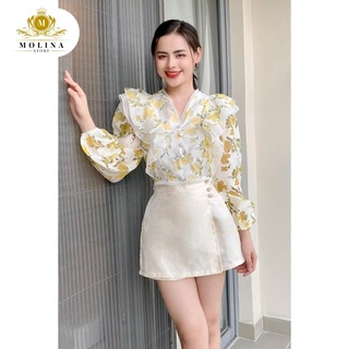 Set Áo Voan Kính Dài Tay Cổ Bèo Cánh Tiên Kèm Quần Giả Váy Thiết Kế Molina Hack Dáng Điệu Đà Thanh Lịch