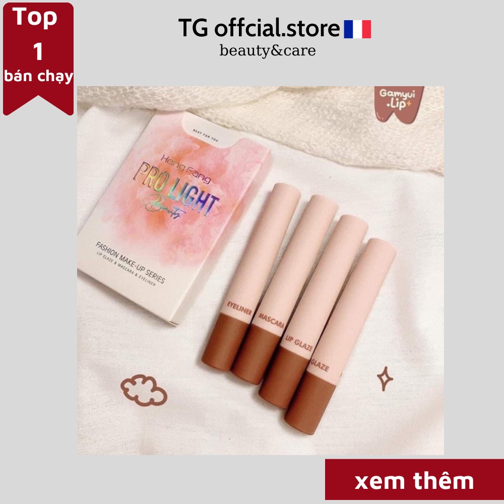 Set trang điểm mắt môi Pro Light Heng Fang Beauty 4 món 1 Macara 1 kẻ mắt 2 son lì màu chuẩn đẹp