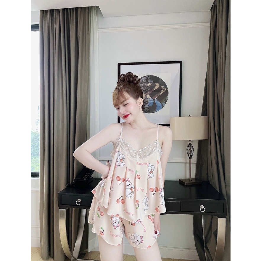 Đồ ngủ sexy nữ  đồ bộ mặc nhà 2 dây quần đùi lụa mango cao cấp mát nhẹ thoái mái