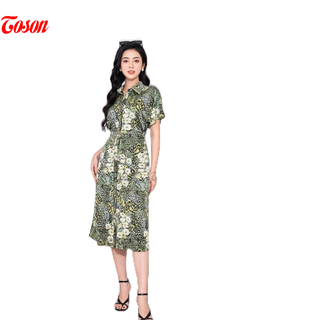 Đầm lụa xanh da bò, dáng dài, tà lệch - limitted toson 44092x62