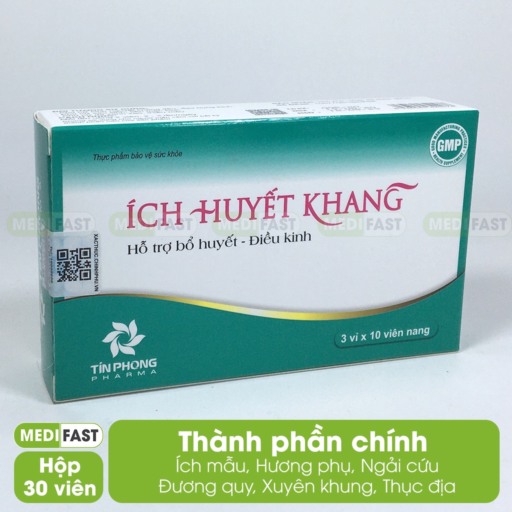 Ích Huyết Khang Hộp 30 viên - Hỗ trợ ổn định kinh nguyệt, giảm đau bụng kinh từ Ích mẫu, Ngải cứu, Đương quy