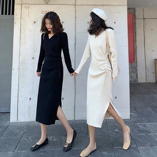 (ảnh thật) Váy đầm len cổ v nhíu hông xẻ tà dáng dài ôm body vintage tiểu thư đi chơi đi làm đi học