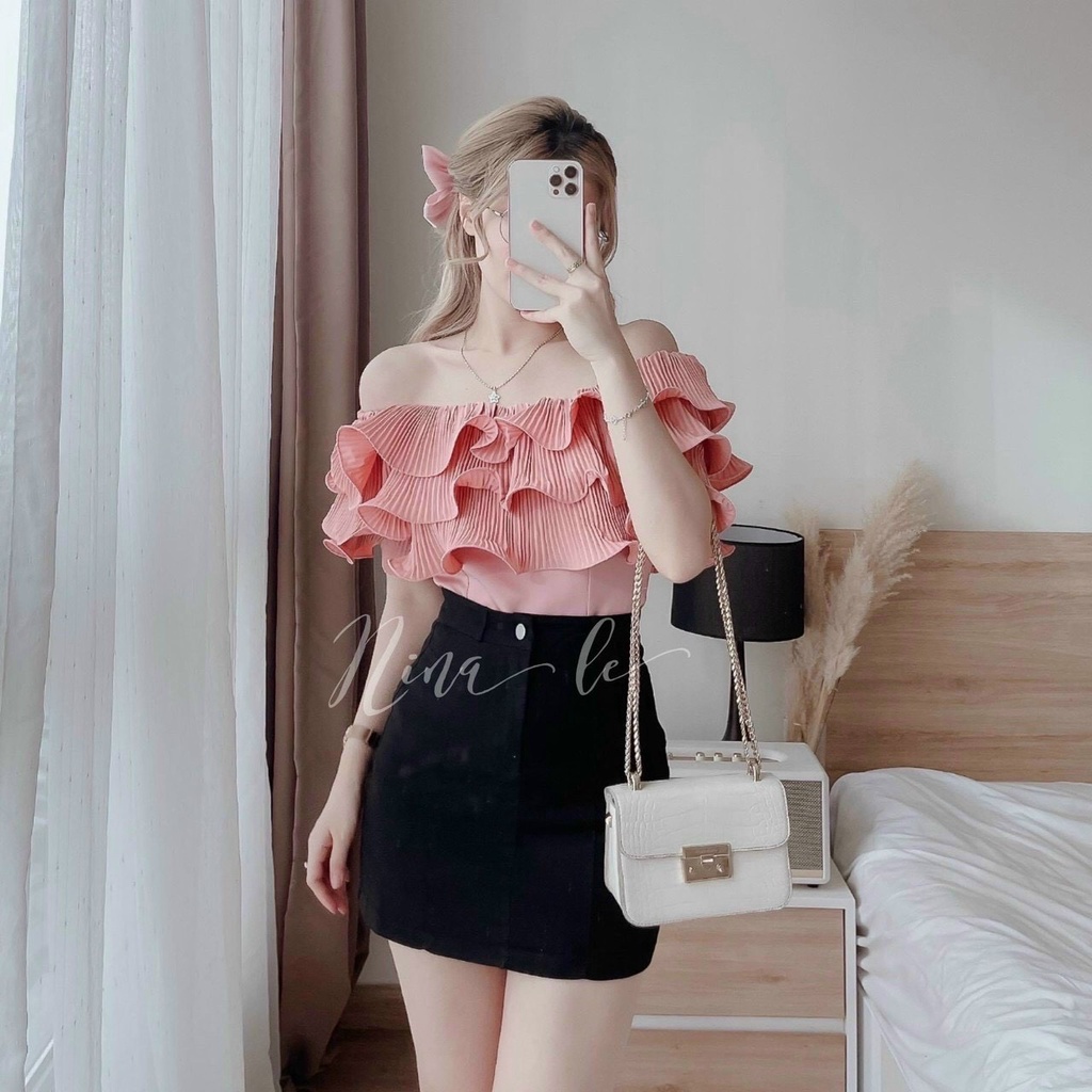 [8.8 Sales Freeship] Set áo bèo sóng trễ vai + chân váy chữ A, áo bẹt vai bèo tầng xếp li nhiều màu dễ thương