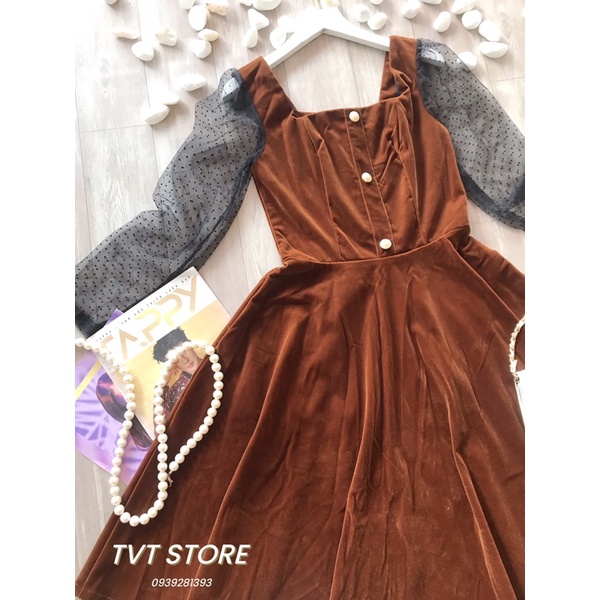 VÁY NHUNG CỔ VUÔNG TAY PHỐI LƯỚI BI