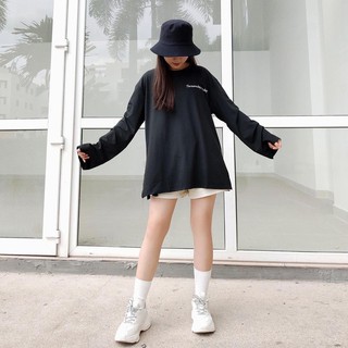 Áo thun dài tay nữ hông trơn form rộng xẻ tà bigsize thêu chữ The Same