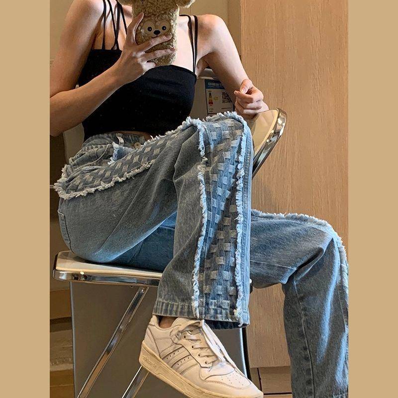 Quần jeans dài ống rộng lưng cao ghép vải kẻ sọc caro thời trang Hàn Quốc mới cho nữ