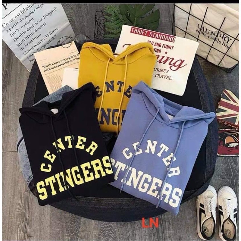 áo hoodie nỉ mũ túi bụng in chữ center stinger