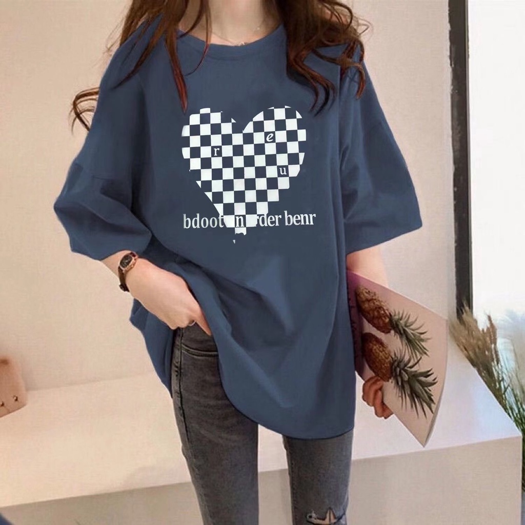 Áo Thun Họa Tiết Bàn Cờ Hình Trái Tim Plus Size Cho Nữ