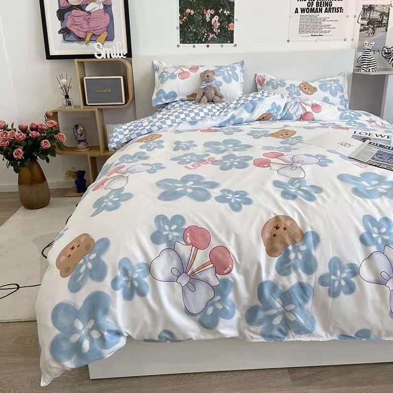 BỘ CHĂN GA GỐI COTTON POLY NHẬP KHẨU 100% ( CHĂN ĐÃ TRẦN BÔNG) HỌA TIẾT HOA PHỐI NƠ - ĐỦ KÍCH THƯỚC