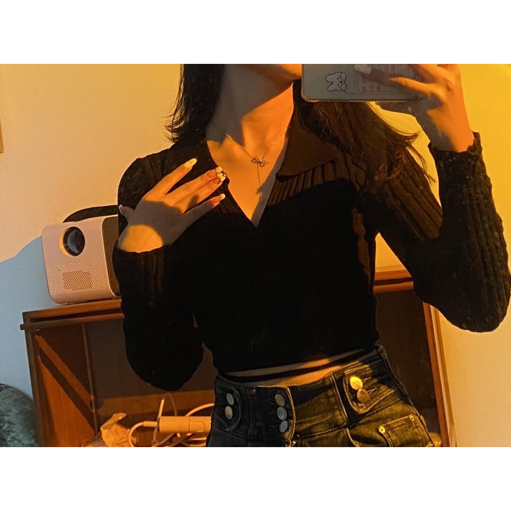 SONG JI A áo dài tay dệt kim