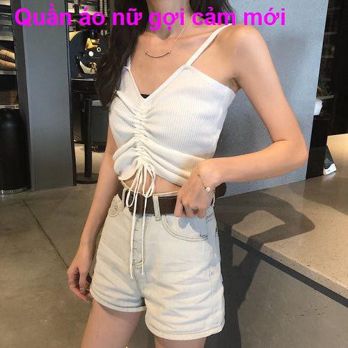 Ngực quấn dây rút gợi cảm mùa hè, mặc áo sơ mi hở đáy, yếm không tay mỏng, crop top nữ với quần