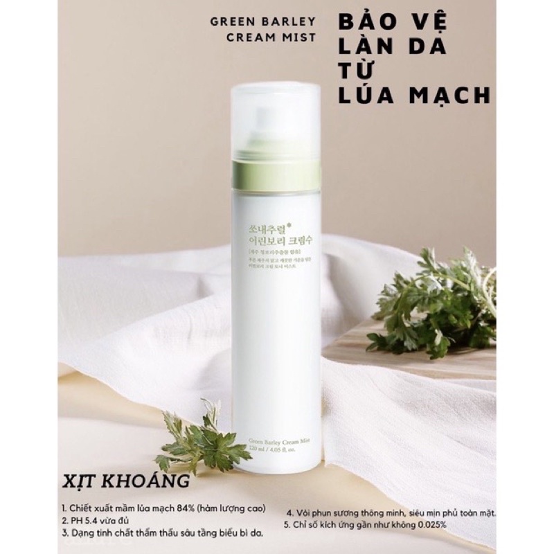 Xịt khoáng cấp ẩm dưỡng trắng da thiên nhiên mầm lúa mạch Green Barley Cream Mist So Natural 120ml chính hãng