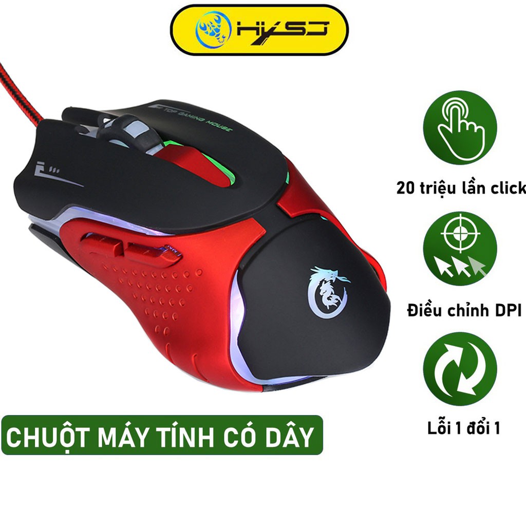 Chuột game thủ chuột có dây HXSJ A903 thiết kế độc lạ led đổi màu 3200DIP, dây USB bọc dù siêu bền chuyên dùng chơi game